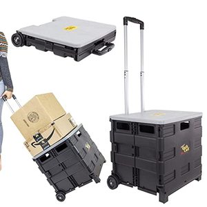 lot 31421 image: Dbest products Quik Cart Collapsible Rolling Crate on Wheels for Teachers Tote Basket 80 lbs Capacity, Made from Heavy Duty Plastic and Used as a Seat, Silver