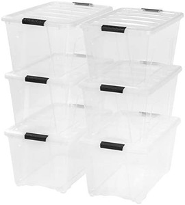 lot 45975 image: IRIS USA 53 Qt. Plastic Storage Bin Tote Organizing Container with Durable Lid and Secure Latching Buckles, Stackable and Nestable, 6 Pack, Clear with Black Buckle