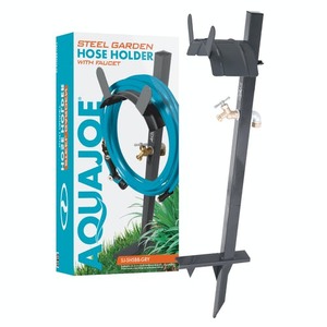 lot 46318 image: Aqua Joe SJ-SHSBB-GRY Garden Hose Stand with Brass Faucet, Gray
