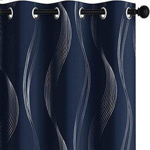 lot 46320 image: Deconovo Navy Blue Blackout Curtains, Foil Print Wave Pattern Curtains & Drapes, Room Darkening Grommet Curtains for Kids Room, 52 x 95 Inch, 2 Panels