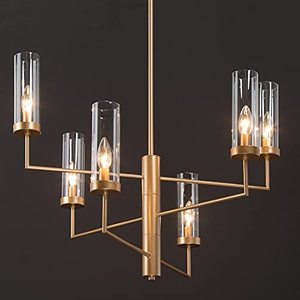 lot 46340 image: Modern Gold Chandelier, 6-Light Dining Room Chandelier Light Fixture with Glass Shade, Rotatable Ceiling Hanging Light for Contemporary Living Room, Bedroom, Kitchen Island, Foyer, Dia 26.5