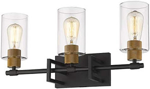 lot 46960 image: Zeyu 3-Light Vanity Wall Sconce, 22 Vintage Vanity Light for Bathroom and Kitchen, Black and Antique Gold Finish with Clear Glass Shade, 1102-3 BKAG - Missing one sconce  (SOLD AS IS)