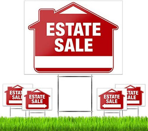 lot 46971 image: Estate For Sale Signs (5 Pack) - Large Premium 24 x 18 Real Estate For Sale Signs with Heavy Duty Stakes - Yard Sale Signs with Directional Arrows   (Not exact stock photos)