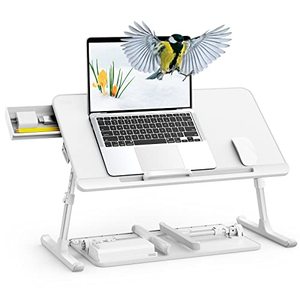 lot 46975 image: SAIJI Laptop Bed Tray Table, Adjustable PVC Leather Laptop Bed Table, Portable Standing Desk with Storage Drawer, Foldable Lap Tablet Table for Sofa Couch Floor (Large, White)