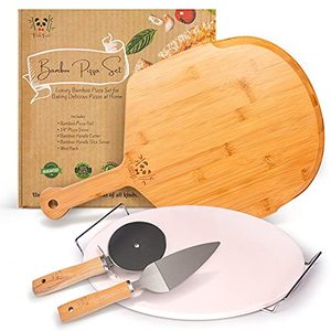 lot 46997 image: PANDA LAND Large 14 Round Pizza Stone 5-Piece set with Extra-Large Bamboo Pizza Peel, Cutter, Slice Server, Wire Rack Perfect Pizza Set with all Grilling Accessories Pizza Stone for Oven and BBQ