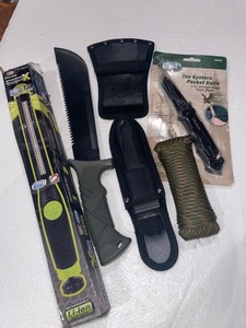 lot 1288 image: Machete, 50�� Utility cord, 3�� Pocket Knife, 600Lumens work light, hatchet&knife cover