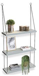 lot 75572 image: OMYSA 3 Tier Hanging Shelves for Wall - Wood Hanging Shelf - Floating Shelves for Bedroom Living Room Bathroom Kitchen - Wooden Plant Shelf - Rope Triangle Window Farmhouse Tall Shelf - Rustic White