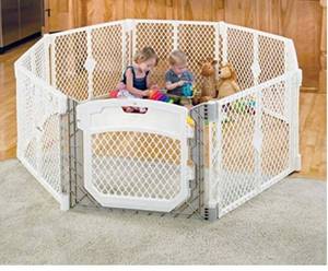 lot 75601 image: Toddleroo by North States Superyard Ultimate 8 Panel Baby Play Yard, Made in USA Safe Play Area, IndoorsOutdoors. Carrying Strap for Travel. Freestanding. 34.4 sq ft Enclosure (26 Tall, Ivory)