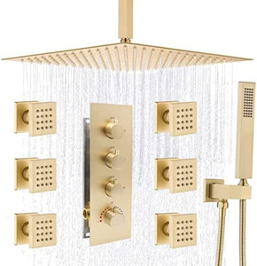 lot 100 image: Enga Brushed Gold 16inch Rainfall Shower System with Body Jets Thermostatic Mixer Shower Faucet Set Can Work Together, Flow Can Be Controlled   (Retails $699)