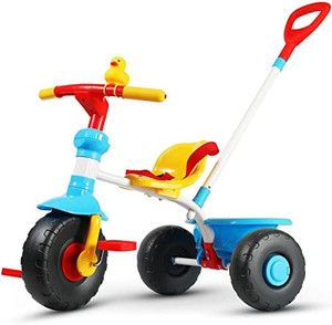 lot 108 image: KRIDDO 2 in 1 Kids Tricycles Age 18 Month to 3 Years, Gift Toddler Tricycle 2 to 3 Year Old, Trikes for Toddlers with Push Handle and Duck Bell, Classic