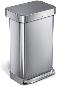 lot 30830 image: Simplehuman 45 Liter  12 Gallon Liter Rectangular Hands-Free Kitchen Step Trash Can with Soft-Close Lid, Brushed Stainless Steel with Plastic Lid