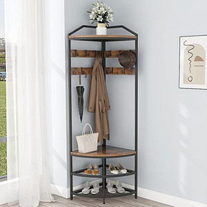 lot 30853 image: GiftGo Corner Hall Tree with Shoe Bench Entryway Coat Rack with 10 Metal Movable Hooks Freestanding Clothes Rack Shoes Shelf Organizer, Rustic Brown