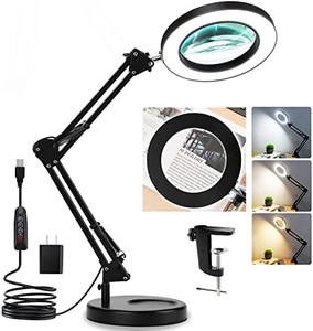 lot 45998 image: Magnifying Glass with Light and Stand, Veemagni 5X Real Glass 2-in-1 Desk Lamp & Clamp, 3 Color Modes Stepless Dimmable
