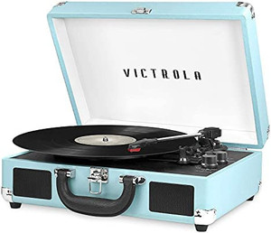lot 46000 image: Victrola Vintage 3-Speed Bluetooth Portable Suitcase Record Player with Built-in Speakers  Upgraded Turntable Audio Sound Includes Extra Stylus  Turquoise, Model Number VSC-550BT