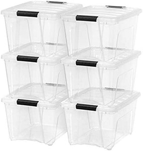 lot 46041 image: IRIS USA 32 Qt. Plastic Storage Bin Tote Organizing Container with Durable Lid and Secure Latching Buckles, Stackable and Nestable, 6 Pack, clear with Black Buckle