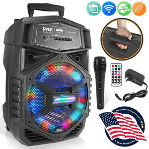 lot 47105 image: Pyle PPHP1264A - Pyle PPHP1264A - 12 Portable Wire-less PA Speaker System - Karaoke Speaker with LED Lights, USBMicro SDFMBTAuxRemote ControlMic Inputs, Built-in , w Wheels & Handle Bar   (Retails $220)