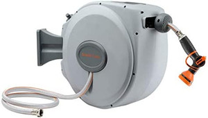 lot 47109 image: Giraffe Tools Retractable Garden Hose Reel with 58 in. x 605 ft Water Hose, Wall Mount, Auto Rewind, 180° Swivel Bracket, Any Length Lock