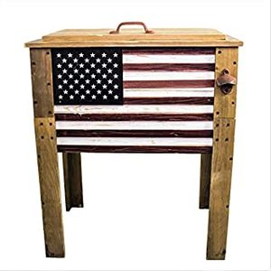 lot 47111 image: Wooden Patio Beverage Cooler for Porch, Deck or Patio - American Flag Design - 57 Qt - Backyard Expressions (B072HTHJSD)   (Retails $280)