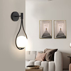 lot 47129 image: BOKT Modern Glass Wall Lamp Black Wall Mounted Sconces, Mid-Century Bedroom Bedsides Water Drop Wall Light Home Decoration (Black Hardwire)