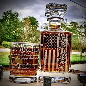 lot 47163 image: We The People American Flag Engraved 750ml Whiskey Decanter Set  360 Wrap US Constitution Glasses (5pc set)    (Retails $140)