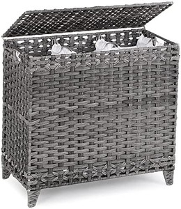 lot 47547 image: Hermina hand woven rattan laundry basket with lid and raised feet laundry basket with side handles clothes sorter with 3 separate sections, Grey