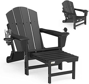 lot 47588 image: Folding Adirondack Chair Mdeam Lawn Outdoor Fire Pit Chairs Adirondack Chairs Weather Resistant with 2 Cup HolderAdirondack Retractable Ottoman, Black