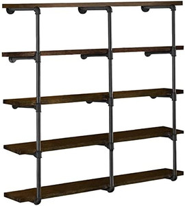 lot 47598 image: HITOMEN 3Pc (70 Tall 12 Deep) Industrial Iron Pipe Shelves Shelf Brackets Black Vintage Retro Shelving Wall Mounted DIY Open Bookshelf Rustic Farmhouse Kitchen Storage (3 Pcs 5 Tiers)