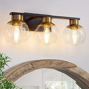 lot 47610 image: PAZALA Black Vanity Lights for Bathroom Mid Century Modern Wall Light Fixtures Over Mirror with Clear Globe Glass Shade (3 Lights-Exclude Bulb)