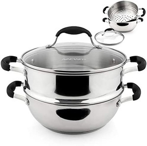 lot 47614 image: AVACRAFT 1810, 3 Piece Stainless Steel Steamer Cooking Pot Set, Steamer for Cooking, Steamer Pan Set with Glass Lid, Momo Maker, Induction Steamer Pot