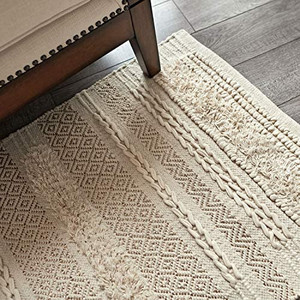 lot 48934 image: Tufted Cotton Area Rug 3 X 5 Hand Woven Knotted Bohemian Gold Acce Cream 35