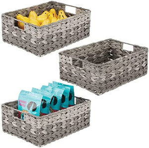 lot 48939 image: Woven Farmhouse Kitchen Pantry Food Storage Organizer Basket Bin Box - Container Organization for Cabinets, Cupboards, Shelves, Countertops - Store Potatoes, Onions, Fruit - 3 Pack, Gray Ombre