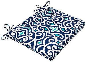 lot 48964 image: Pillow Perfect - 610702 OutdoorIndoor New Damask Marine Square Corner Seat Cushions, 18.5 in. L X 16 in. W X 3 in. D, Blue  (2 Pack)