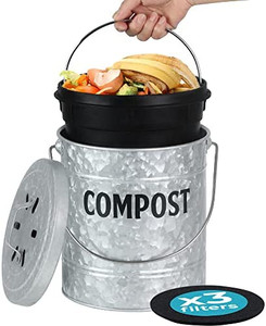 lot 50902 image: Compost Pail for Kitchen Counter by Saratoga Home - Family Sized Galvanized Metal Indoor Countertop Compost Bin for Kitchen Scraps and Food Waste, Includes 3 Charcoal Filters, 1.3 Gal5L, Silver