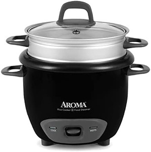 lot 50917 image: Aroma Housewares 6-Cup (Cooked) Pot-Style Rice Cooker and Food Steamer, Black ARC-743-1NGB