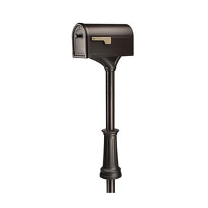 lot 7290 image: Roxbury Post Mount Mailbox Rubbed Bronze with Champagne Gold Flag and Premium Post Combo- Retail $105.54