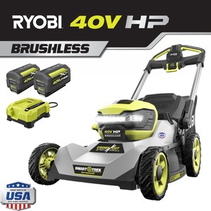 lot 8106 image: RYOBI 21 in. 40-Volt HP Lithium-Ion Battery Brushless Walk Behind Dual-Blade Smart-Trek Mower - Two 6.0 Ah Batteries & Charger Retail $899