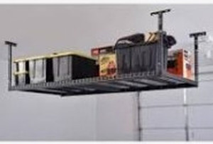 lot 8108 image: Husky Adjustable Height Overhead Ceiling Mount Garage Rack, Black, Model ACR3296-B- Retail $187