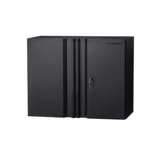 lot 8110 image: Husky Heavy Duty Welded 20-Gauge Steel Wall Mounted Garage Cabinet in Black (28 in. W x 22 in. H x 14 in. D)- Retail $224.99