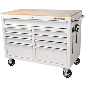 lot 8115 image: Husky 46 in. W x 24.5 in. D Standard Duty 9-Drawer Mobile WorkbenchTool Chest with Solid Wood Top in Gloss White, Gloss White with Silver Finishes- Retail $678.96