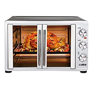 lot 5687 image: LUBY Large Toaster Oven Countertop, French Door Designed, 55L, 18 Slices, 14 pizza, 20lb Turkey, Silver (B07DR5QRY8)