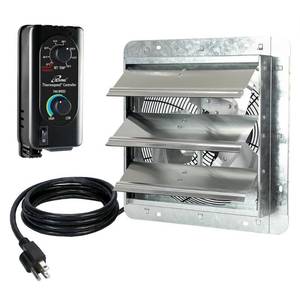 lot 5699 image: iLIVING 10 in. Wall Mounted Shutter Exhaust Fan with Thermospeed Controller, 65-Watt, 820 CFM, Silver