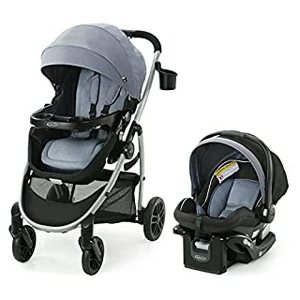 lot 5388 image: Graco Modes Pramette Travel System, Includes Baby Stroller with True Pram Mode, Reversible Seat, One Hand Fold, Extra Storage, Child Tray and SnugRide 35 Infant Car Seat, Ontario (B07Y5TWJRX), Blue, Black