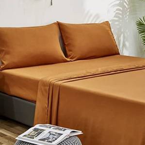 lot 51155 image: Houseri Pumpkin Color Fitted Sheet Set King Pumpkin Sheet Set King Size Caramel Flat Sheet Sets Orange Brown Mattress Cover for Women Men Teens King Bed Sheet 4 Pcs Sheet Set with Pillowcases