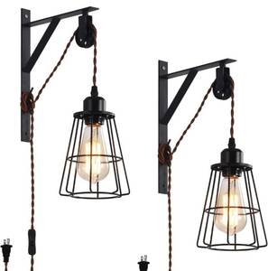 lot 51158 image: Industrial Rustic Cage Wall Lamp Bracket Pulley Lights Fixture Set of 2 ,YILYNN Farmhouse Pendant Lamp Adjustable Hanging with Plug in Cord - Retro Wall Sconce for Indoor Living Room Restaurant