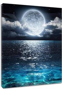 lot 51160 image: LB Framed Moon Over Ocean Canvas Wall Art Night Sky Full Moon White Cloud Painting Canvas Prints Wall for Living Room Bedroom Bathroom Home Decor Ready to Hang,12x16 inches