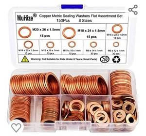 lot 51174 image: Copper Washers - Muhize 150PCS 8 Sizes Copper Metric Sealing Washers Flat Washers Assortment Kit (M6 M8 M10 M12 M14 M16 M18 M20)