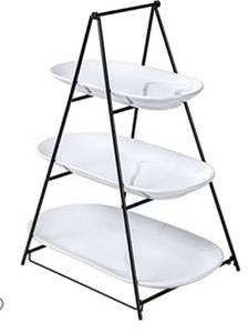 lot 51195 image: UNICASA 3 Tier Serving Tray - White Oval Serving Plate Dishes, Party Trays and Platters with Metal Rack for Cake, Snack, Fruit - Chips and Dips Serving Set