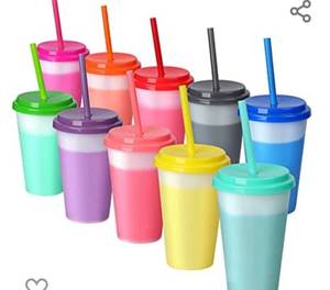lot 51196 image: Plastic Kids Cups with Lids and Straws - 10 Pack 12 oz Reusable Tumbler with Straw  Color Changing Cup with Lid Adults Bulk Travel Tumblers Drinking Cups for Cold Coffee