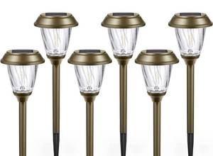 lot 51210 image: XMCOSY Solar Pathway Lights - 6 Pack Solar Lights Outdoor Waterproof, Auto OnOff 10-25 LM Warm White Glass Stainless Steel, Solar LED Lights Decorative for Yard Garden Lawn Driveway Walkway Sidewalk