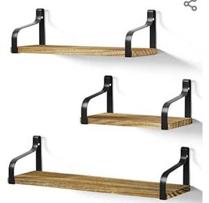 lot 51223 image: Love-KANKEI Floating Shelves Wall Mounted Set of 3, Rustic Wood Wall Storage Shelves for Bedroom, Living Room, Bathroom, Kitchen, Office and More Carbonized Black